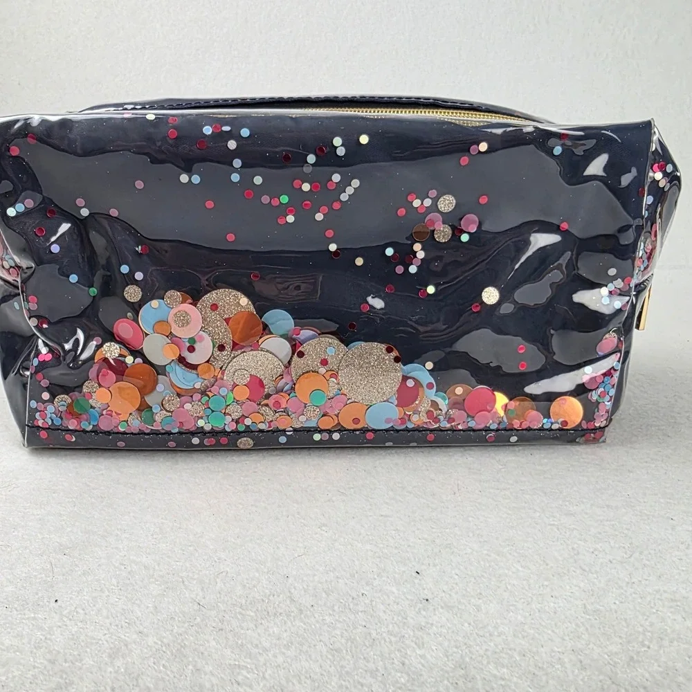 Packed Party Navy Blue Confetti Makeup Bag Sequin Toiletry Pouch Gold Zipper